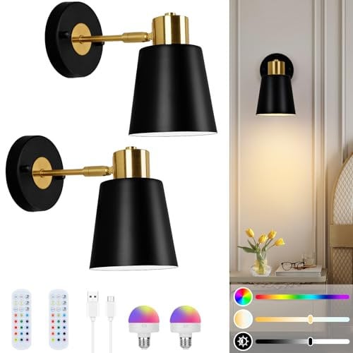 Lampop Wireless Wall Sconces Set of 2, Battery Operated Wall Lights Black with Dimmable Bulbs and Remote, Rechargeable Wall Lamp Indoor Wall Decor for Bedroom Living Room