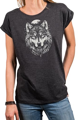MAKAYA Damen Shirt mit Wolf Motiv Kurzarm Top Hundemotiv Wolfskopf Mond Wolfsmotiv Hunde Oberteile Grau L