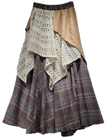 Damen Tartan Patchwork Unregelmäßiger Langer Rock Elastische Taille Plaid Spleißen Flowy A Line Langer Rock