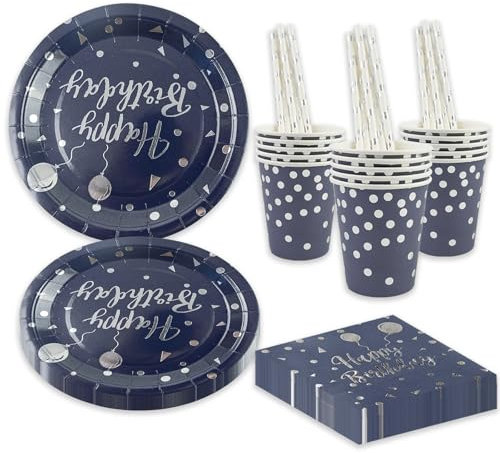 Lot de 80 pièces de vaisselle de fête d'anniversaire - Ballons dorés - Fournitures de vaisselle d'anniversaire - Assiettes en papier - Tasses - Pailles pour 16 ans (bleu et argent)