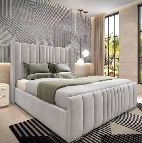 6FT Super King Wingback Bed Frame With Headboard Upholstered In Ice Silver Plush Velvet Frame Wooden Slats - No Storage - No Mattress (Ice Silver, 6FT Super King Bed Frame)