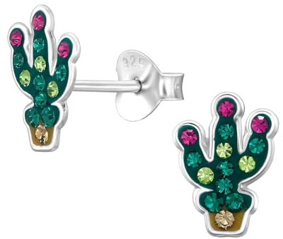 Monkimau Kaktus Kinder Ohrringe mit Kristallen 925 Silber | 925 Silber | Mädchen Ohrstecker Schmuck | Hypoallergen & Nickelfrei | Kinderohrringe Geschenkidee