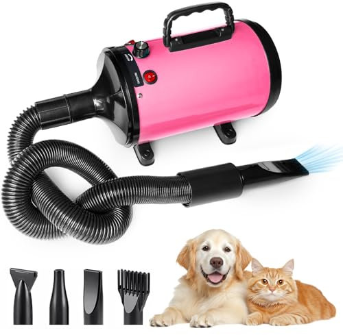 Memows Soffiatore per Cani, Asciugacapelli per Cani 2800W, Asciugacapelli per Toelettatura Animali velocità e Temperatura Regolabili, Asciuga Cane con 4 Ugelli per Uso Privato e Professionale (Rosa)