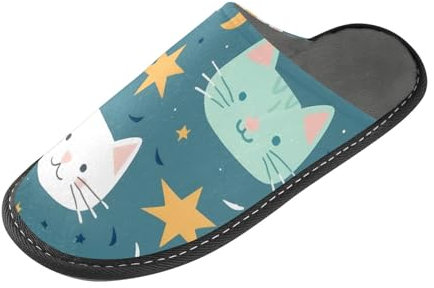 OWFKAY Pantuflas sin cordones con bonito patrón con cara de gato y estrellas, cálidas y acogedoras, ligeras de espuma viscoelástica, zapatos de casa para interiores, multicolor, 40 2/3 EU