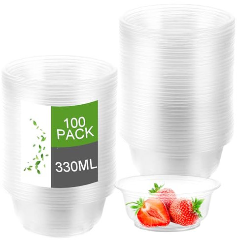 LDXDRU Lot de 100 verres à dessert en plastique ronds de 330 ml, bols à dessert réutilisables, mini bols à dessert en plastique pour salades, desserts, crème glacée, collations