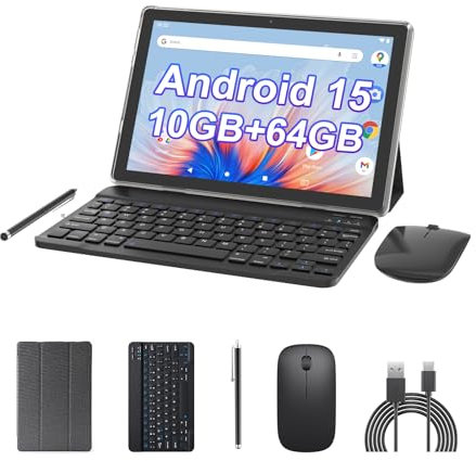 Tablette Android 15 10 2 en 1 avec étui clavier, souris et stylet, 10 Go de RAM, 64 Go de ROM, 1 To d'extension, processeur quadricœur, 5G WiFi6, BT5.0, écran IPS 6000 mAh, 1280 x 800, Widevine L1,