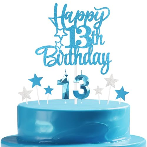mciskin Blue 13th Birthday Candles Cake Toppers Set,3D Number 13 Candle for Cake,Light Blue Candles Silver Star Toppers for Girls Boys 13th Birthday Decorations Party Supplies