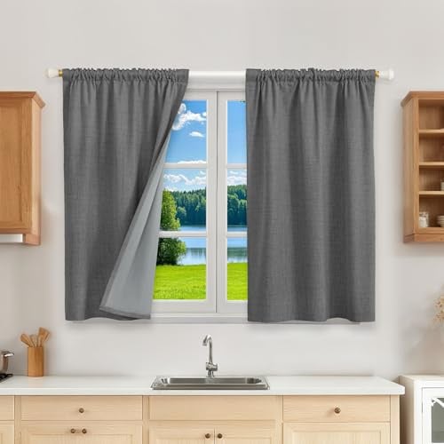 100% Verdunklungsvorhänge mit Kräuselband Leinenoptik Vorhänge Blickdicht | 120Hx90Bcm,Grau,2er Set,Thermovorhänge Kälteschutz Gardinen für Schienen,Wohnzimmer,Schlafzimmer