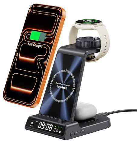 3 in 1 Ladestation für Garmin Uhr Venu Forerunner Fenix CIRQA und Handy | Induktive Ladegerät für iPhone Air/17/16/Samsung S26/Z Flip 8, für Garmin Vivoactive Instinct, mit Zeitanzeige, Ohne Netzteil