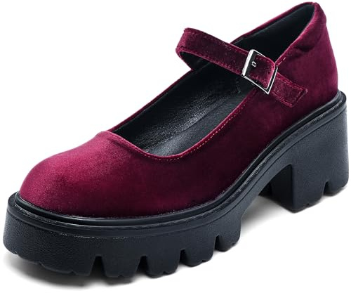 Elvora Women's Mary Jane Shoes - Platform Mary Janes for Women, Burgundy Velvet Round Toe Chunky Dress Shoes with Adjustable Ankle Strap