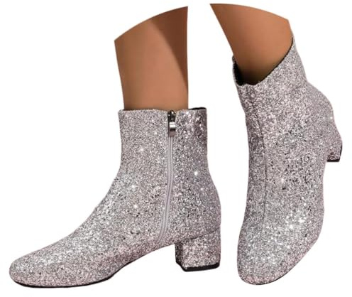 ticticlily Damen Chunky Heels Ankle Boots Glitzer Stiefeletten mit Blockabsatz