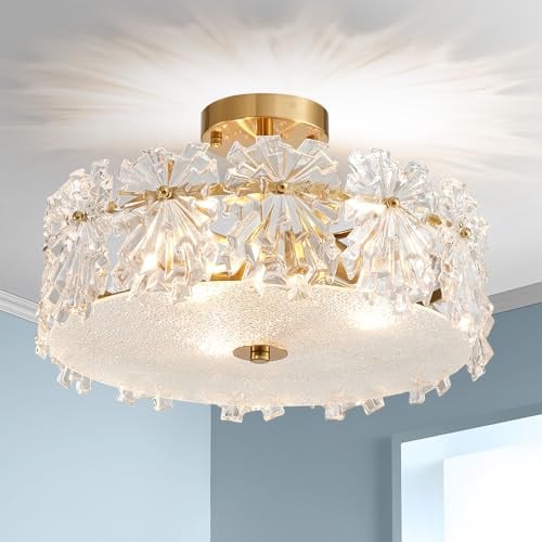 SHRINE LIGHTING Kristall-Kronleuchter Leuchte, Glas-Deckenleuchte für Wohnzimmer, D38 x H24cm, E14-Sockel 3-Lampen (Glühbirnen nicht im Lieferumfang enthalten), Gold-Finish