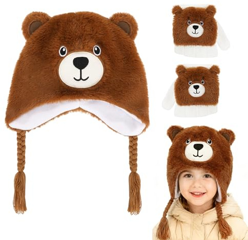 Hifot Bären Mütze Handschuhe Set Kinder, Bären Kinderhandschuhe Kindermütze Mädchen Jungen, Bär Strickhandschuhe Wintermütze Kinder, Winter Warme Beanie Fingerhandschuhe mit Kappe Set Geschenkideen