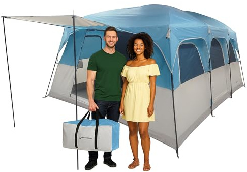 12 Person Large Camping Tent - Tall Family Cabin Shelter with 2 Room Dividers, 6 Mesh Windows, Water-Resistant Rainfly, and Portable Carry Bag - 12 Person Tents for Camping by Wakeman Outdoors (Blue)