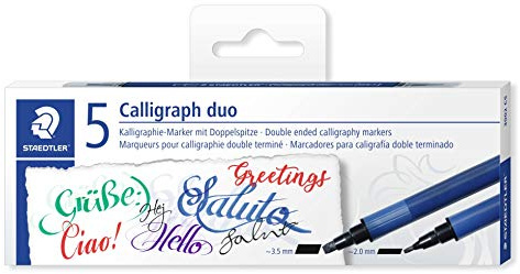 STAEDTLER 3002 C5 Kalligraphie Doppelmarker mit Keilspitze, 2 Spitzen 3.5 mm und 2 mm, 5 Stück in verschiedenen farben