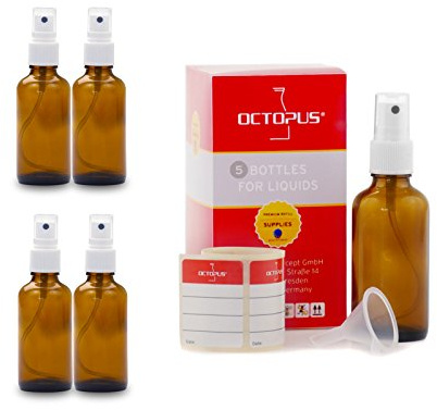 5 x 50 ml Braunglasflaschen mit Fingerzerstäuber, Mini-Trichter + Beschriftungsetiketten, Sprühflaschen mit Lichtschutz, Zerstäuberflaschen mit Pumpsprüher, z.B. für kolloidales Silber oder Parfüm