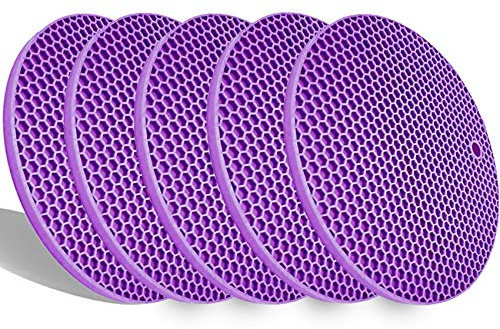 5 Pack Extra Thick Silicone Pot Coaster Trivet Mats,Pot Holder/Hot Pads,Non Slip Durable Flexible Table Mats Round Honeycome Multipurpose Kitchen Heat Resistant Mat (Purple)