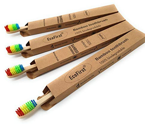 SpiriuS Bambus-Zahnbürste, umweltfreundlich, mittelfeste Borsten, Regenbogenfarben, biologisch abbaubar, 4 Stück
