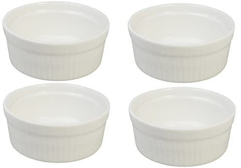 Acense Round Ramekin White Ceramic Pots [4 Pieces], Fully Vitrified Porcelain, Size: [8.5cm(D) x 3.5cm(H)], Safe:[Dishwasher/Freezer/Microwave/Oven], Versatile: [Souffle/Lava Cakes/More]