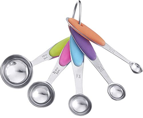 Westmark 5 Measuring Spoons Set with Ring Connected for 1.25 ml, 2.5 ml, 5 ml, 7.5 ml, 15 ml, Stainless Steel/Silicone, Pendolino, Silver/Green/Pink/Blue/Purple/Orange, 30602270