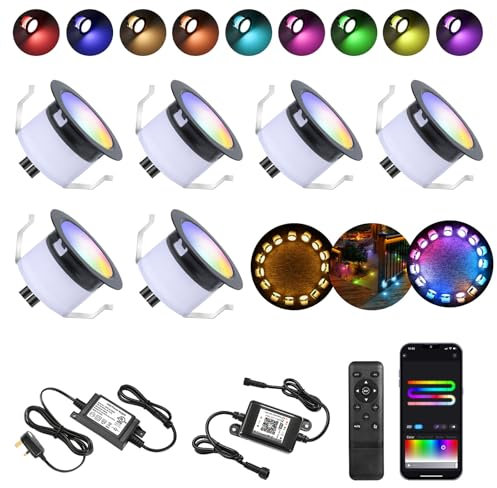 RGB LED Decking Lights,WiFi LED Deck Light (RGBIC+WW) IP67 Waterproof Ø31MM 12V Work with Alexa/Google Assistant,Plinth Deck Lights colorful Chasing Effec for Yard,Garden,Patio,Stair Decor-6 Pack