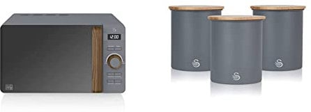 Swan 20L Nordic Digital LED Microwave, 6 Power Levels, Soft Touch Housing and Matte Finish, 800W, Slate Grey, SM22036LGRYN & SWKA17513GRYN Nordic Scandi Set of 3 Storage, Slate Grey, Steel, Bamboo Lid