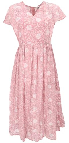 Luftiges Boho Sommerkleid, handbedrucktes Baumwoll-Maxikleid, rosa, M