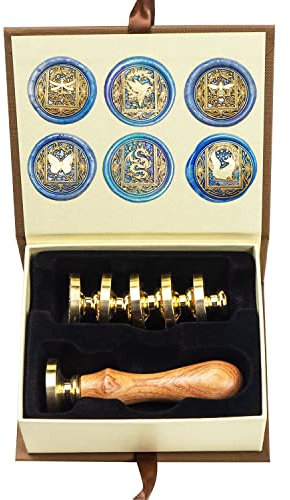 Wachs-Siegel-Stempel-Set, ANBOSE Tier Wachs-Siegel-Stempel-Set mit 6 PCS abnehmbare Messingköpfe und 1 Holzgriff, Starry Bee Dragon Sealing Wachsstempel für Karten Einladungen