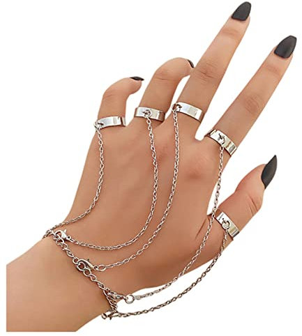Dervivea Punk Layered Fingerringe Armbänder Silber Quaste Kettenarmband Slave Fingerringe Armband Gothic Slave Armband Schmuck für Frauen und Mädchen