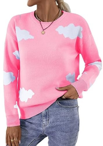 TCHWM Autumn and Winter New Women's Knitted Sweater Round Neck Cloud Pullover Amazon Sweater Women (Color : Pink, Size : M)