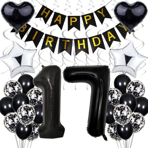 Luftballon Dekoration Schwarz und Silber für 17. Geburtstag - Black and White Party Deko für Junge und Mädchen - 17 Jahre