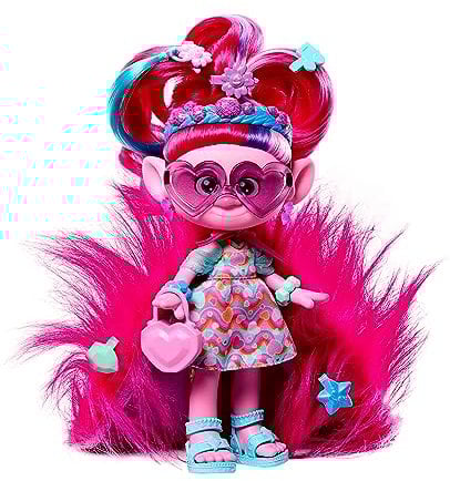 Mattel DREAMWORKS TROLLS Gemeinsam Stark – Hairsational Reveals Königin Poppy Modepuppe mit pelzigen Plüschhaare, juwelenförmiger Behälter, für Kinder ab 3 Jahren, HNF16