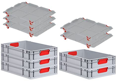 PROREGAL SuperSparSet 5x Eurobox NextGen Color mit Auflagedeckel & Schiebeschnappverschlüsse, HxBxT 12x40x60cm, 23L, Griffe rot geschlossen, Glatter Boden, Eurobehälter Transportbox Transportbehälter