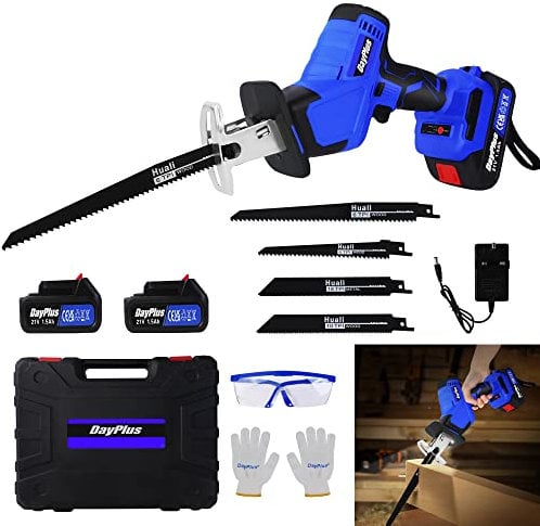 21V Cordless Powered Reciprocating Saw Electric Brushless Wood Saw Sabre Saw with 2× 1.5Ah Batteries, 4 Saw Blades, 1 Kit Box, 0-1900RPM Variable Speed for Metal Wood PVC Pipe Tree Pruning Cutting