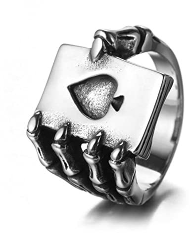 Skull Ring, Edelstahlringe Trauringe Silber Totenkopf Handring mit Pik Ass Vatertagsgeschenk Größe 65 (20.7)