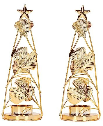 Wnvivi 2 Stück Weihnachtsbaum-Kerzenhalter, Goldene Metall-Ginkgoblatt-Silhouette-Kerzenhalter, Kleiner Runder Becher, Weihnachtslicht-Kerzenhalter für Tischdekoration