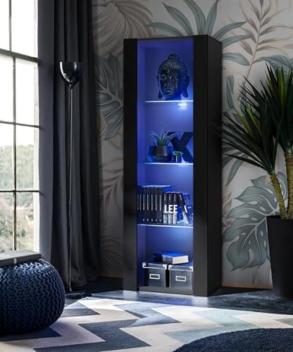 Komodee Vitrine Schrank Tivoli, Schwarz/Schwarz, Breite 55cm x Höhe 159cm x Tiefe 35cm, LED Blau, 3 Regalböden, für Wohnzimmer, Schlafzimmer, Eingang