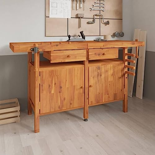 ZEYUAN Werkbank mit Schubladen Schraubstöcken 162x62x83 cm Akazienholz, Werkstatteinrichtung, Werkbank Werkstatt, Werkzeugschrank, Werktisch, Werkzeugtisch, Werkbänke Für Heimwerker 153324