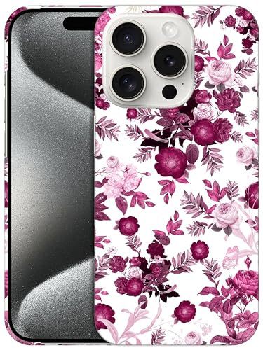 GlamCase for iPhone 15 Pro Case, iPhone 15 Pro Designer Case - Pink Burgundy Floral Pattern Design Printed Cute Plastic Hard Snap on Protective Back Phone Case/Cover for iPhone 15 PRO only.