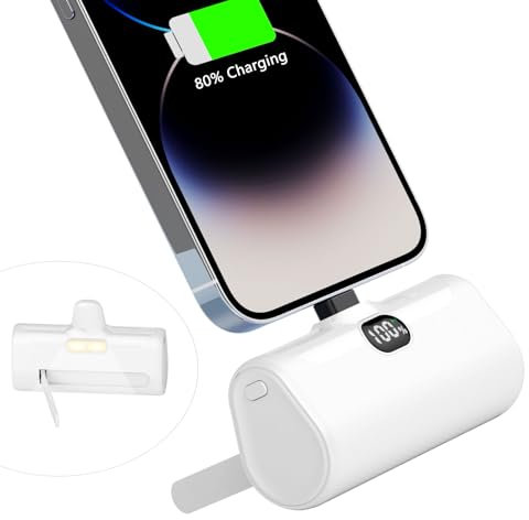 LUCKYDUO Mini Powerbank für iPhone 5000mAh,Petit Externer Akku mit Ständer & LED-Licht,Kompakte Tragbares Ladegerät Kompatible mit iPhone 14/13/12/11 Pro/11/XS/XR/8/7