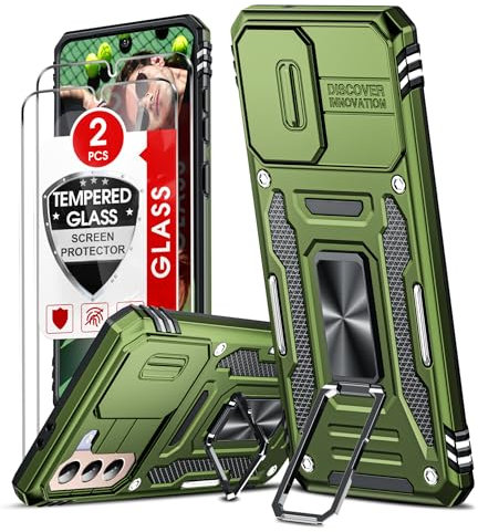 LeYi Kameraschutz Handyhülle für Samsung Galaxy S21 5G Hülle [2 Glasfolie Schutzfolie], Militär Standard Handy Hüllen Ständer Schutzhülle Outdoor Kratzfest Cover S 21 5G Case Dunkelgrün