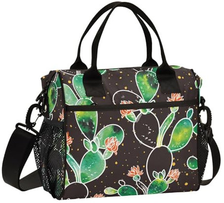 Mnsruu Lonchera térmica con diseño de cactus y suculentas, lonchera negra para mujer, bolsa térmica reutilizable con correa para el hombro, trabajo, escuela, picnic