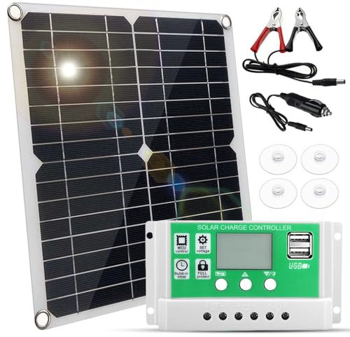 Irishom Panneau Solaire 20W 12V, Panneau Solaire Monocristallin + Contrôleur de Charge PWM 20 A + Clips de Batterie 22% Haute Efficacité pour Système Hors Réseau de Remorque de Bateau RV