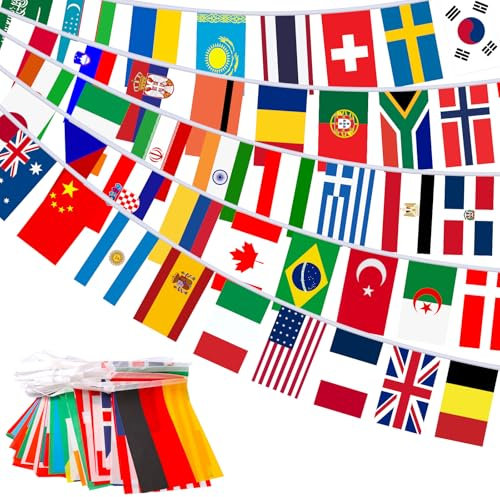100 Flaggen der Welt Fahnen Länder Wimpelkette Em Deko, Internationale Flaggenkette Doppelseitige Stoff Fahnen Rechteckige Europa Flaggen Wimpel Girlande Banner für Bar Party Festival Sportverein