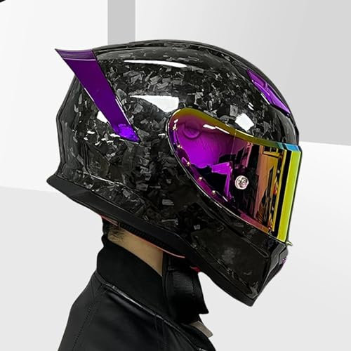 YPDOPORA Casco da Moto Leggero in Fibra di Carbonio con Ala di Coda, Casco da Moto Integrale con Doppia Visiera Omologato DOT/ECE, Casco da Bici da Strada per Ciclomotore,Viola,M52~53CM