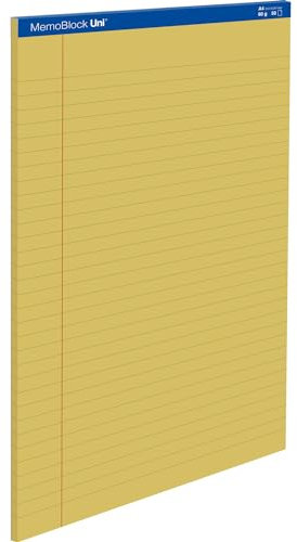 Unipapel, MemoBlock Uni Notizblöcke, A4, 50 Blatt, liniert 8 mm mit Rand, Papier 60 g, gelb, mikroperforierte Blätter, 29,5 x 21 cm, stabile Rückseite aus Karton, 5 Stück
