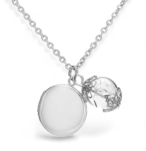 Foto Medaillon Halskette mit Pusteblumen Anhänger - Farbe Silber - Kette 70cm - Naturschmuck - Edelstahl Hypoallergen - Exklusive Geschenkbox