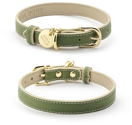 Nina Woof Copenhagen Soft Vegan Leather Round Padded Dog Collar with Adjustable Buckle for Extra Small Medium Large Dogs, Olive Green, M