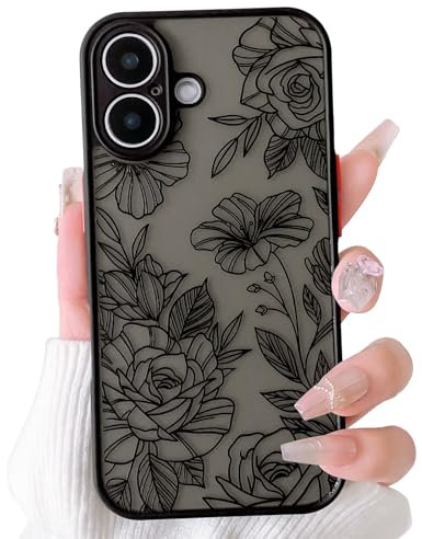 NITITOP Compatible with iPhone 16 Case Cute Aesthetic Floral Flower Vintage Rose Black Pattern Matte Clear Women Girl Full Camera Lens Slim Hard PC Shockproof Pritective Cover - Black
