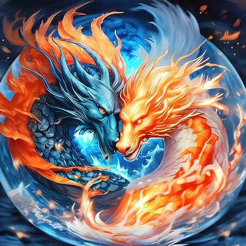 GDYEEH 5D Glace et Feu Diamond Painting Kits, DIY Dragon Diamant Painting Complet, Dragon Art du Diamant Peinture Strass Point de Croix Painting pour Adultes Débutants Murale Décor 30x30 cm